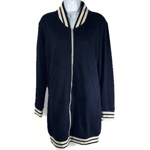 Venus Women Longline Zip Up Jacket Cardigan Sz M Navy Varsity Stripe Trim Pocket